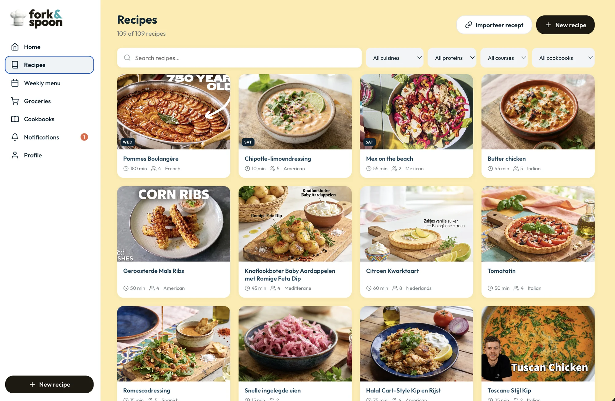 The Fork & Spoon web app in a desktop browser, with a grid of saved recipes