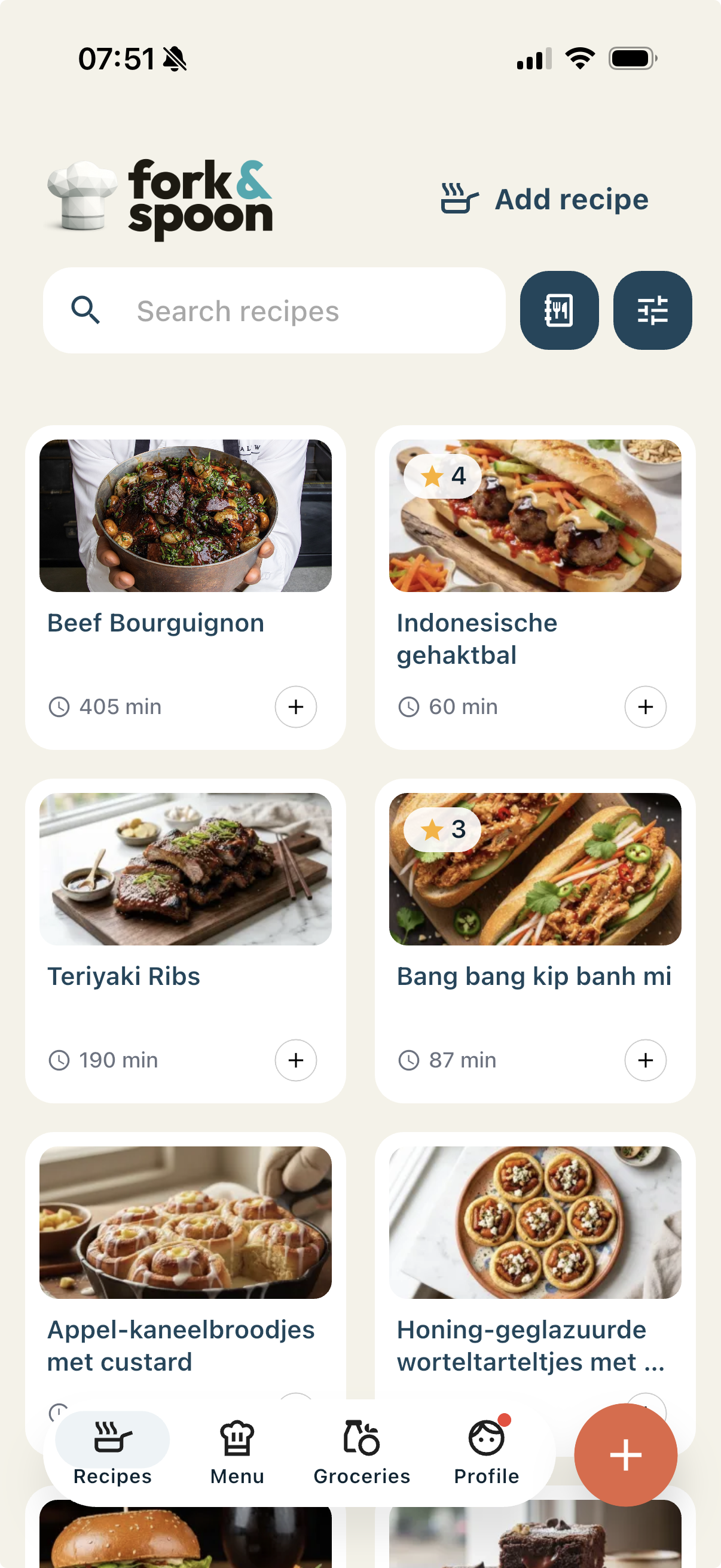 Your recipe library in Fork & Spoon